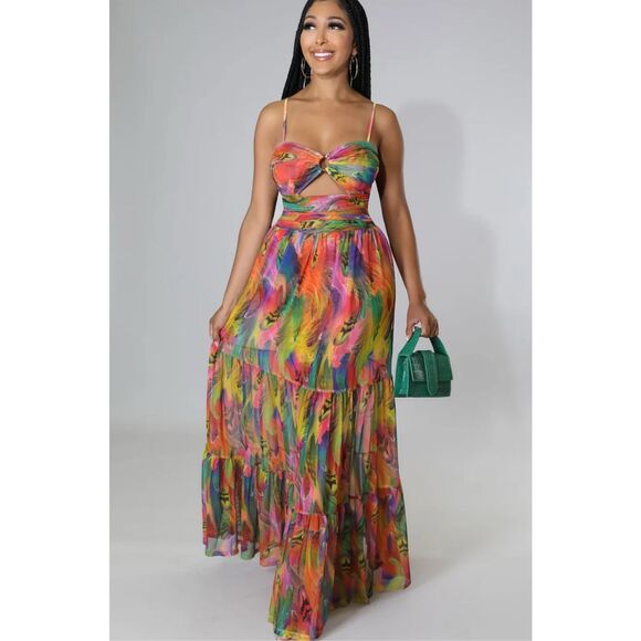 Loragal Summer Feather Print Cutout Slip Maxi Dress Nwt Size Medium - Picture 1 of 8